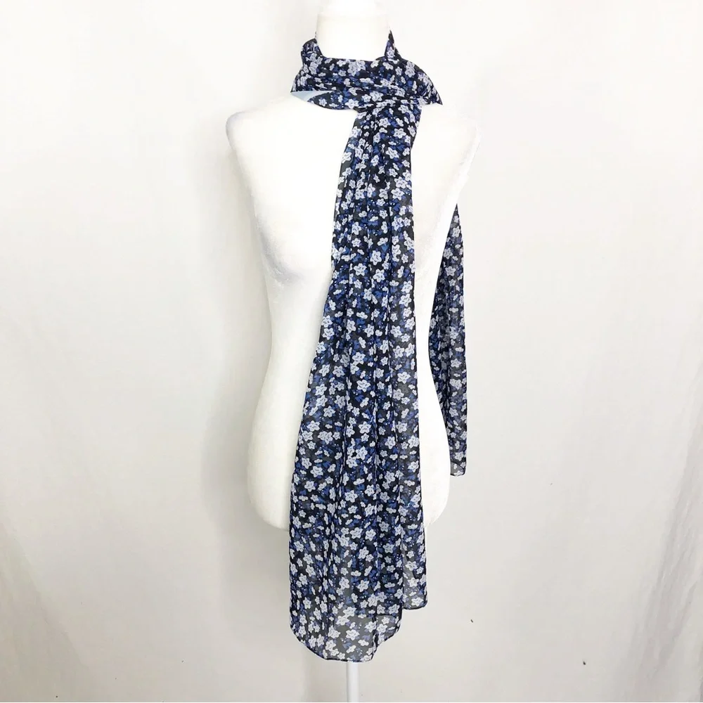 NEW Calvin Klein Silky Chiffon Floral Stripe Scarf, Black Blue